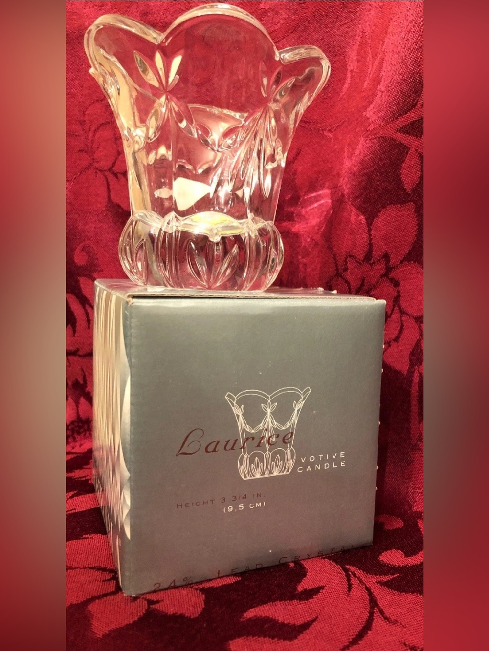 24% Lead Crystal Floral Votive Tealight Candle Holder - Clear w/box Circa 1996